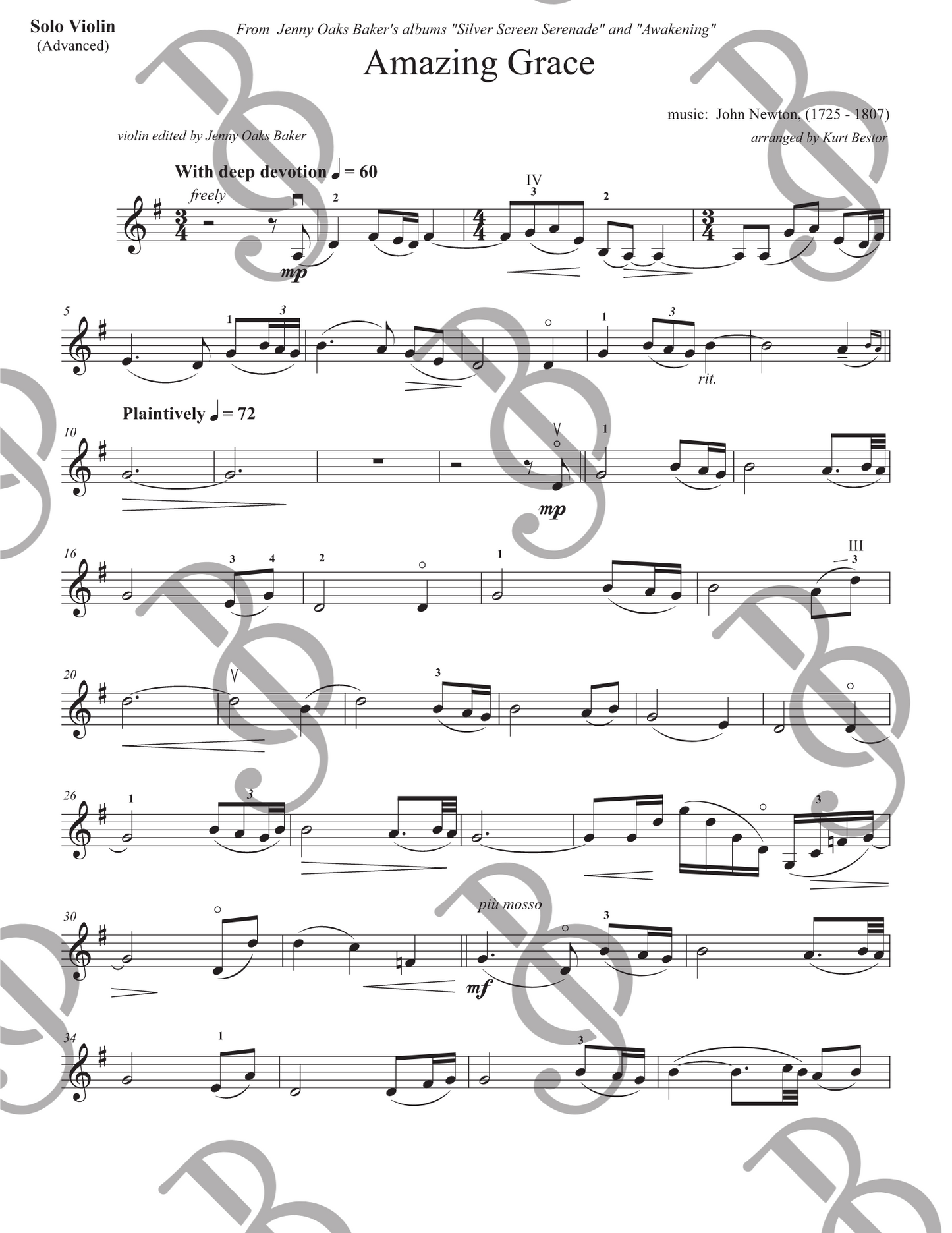 Amazing Grace Violin Sheet Music (Original Advanced)
