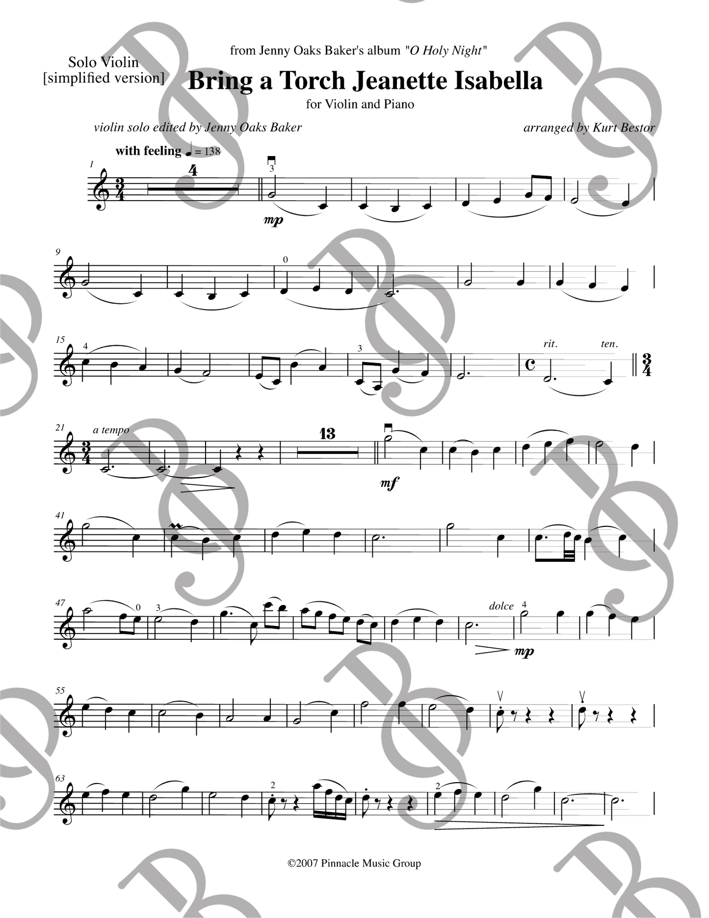 Bring a Torch, Jeanette Isabella Violin Sheet Music (Simplified)