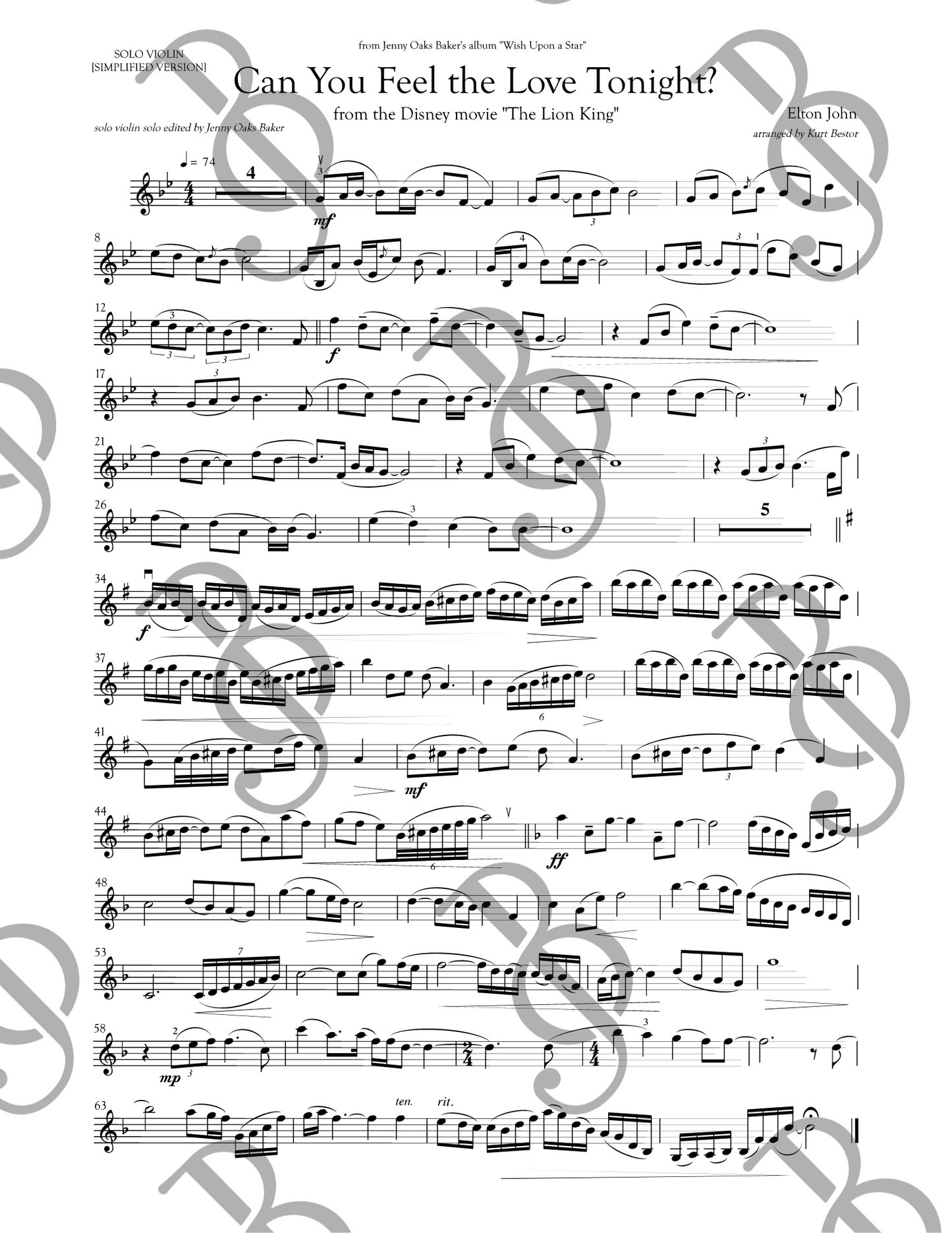 Can You Feel the Love Tonight Violin Sheet Music (Simplified)