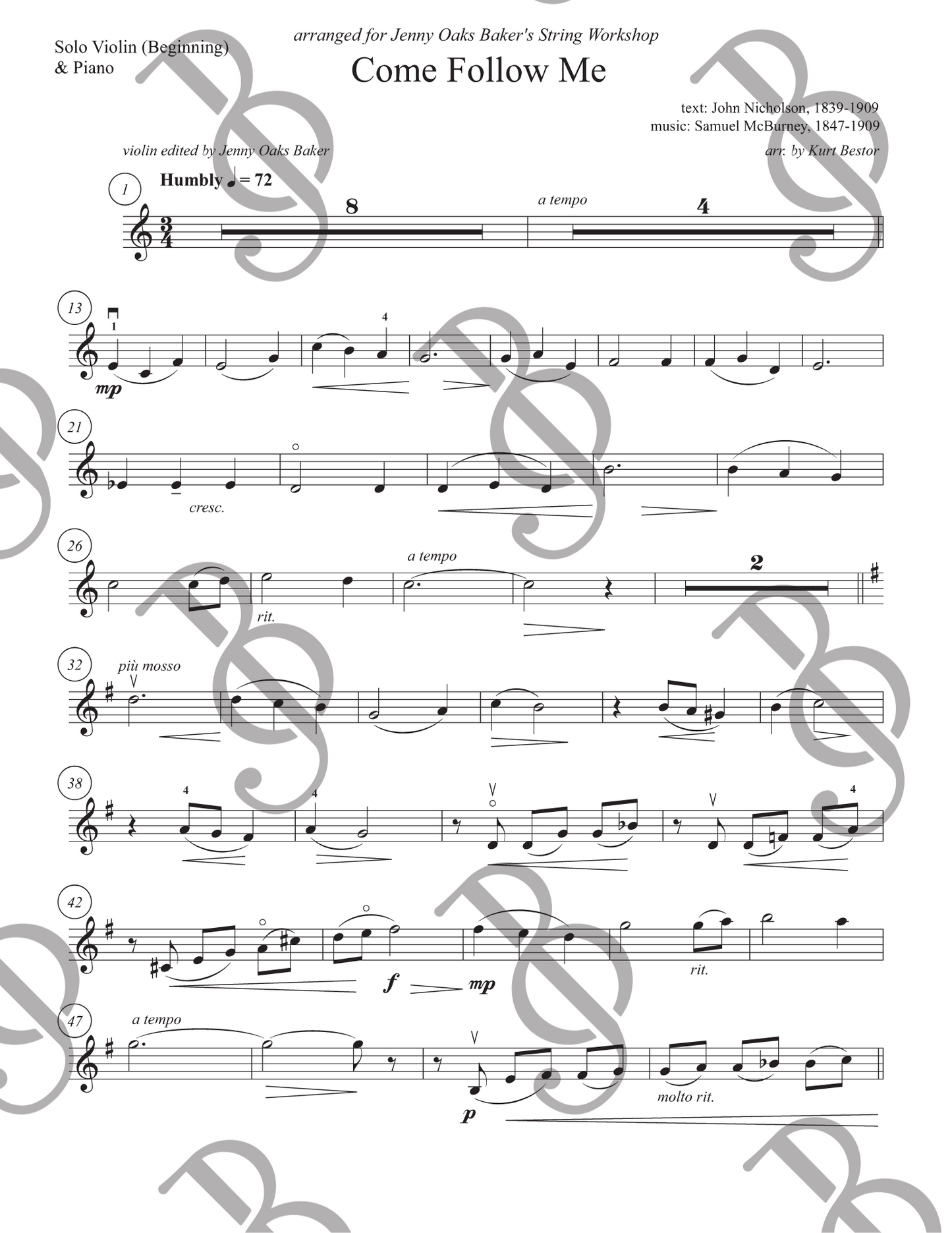 Come Follow Me Violin Sheet Music (Beginner)