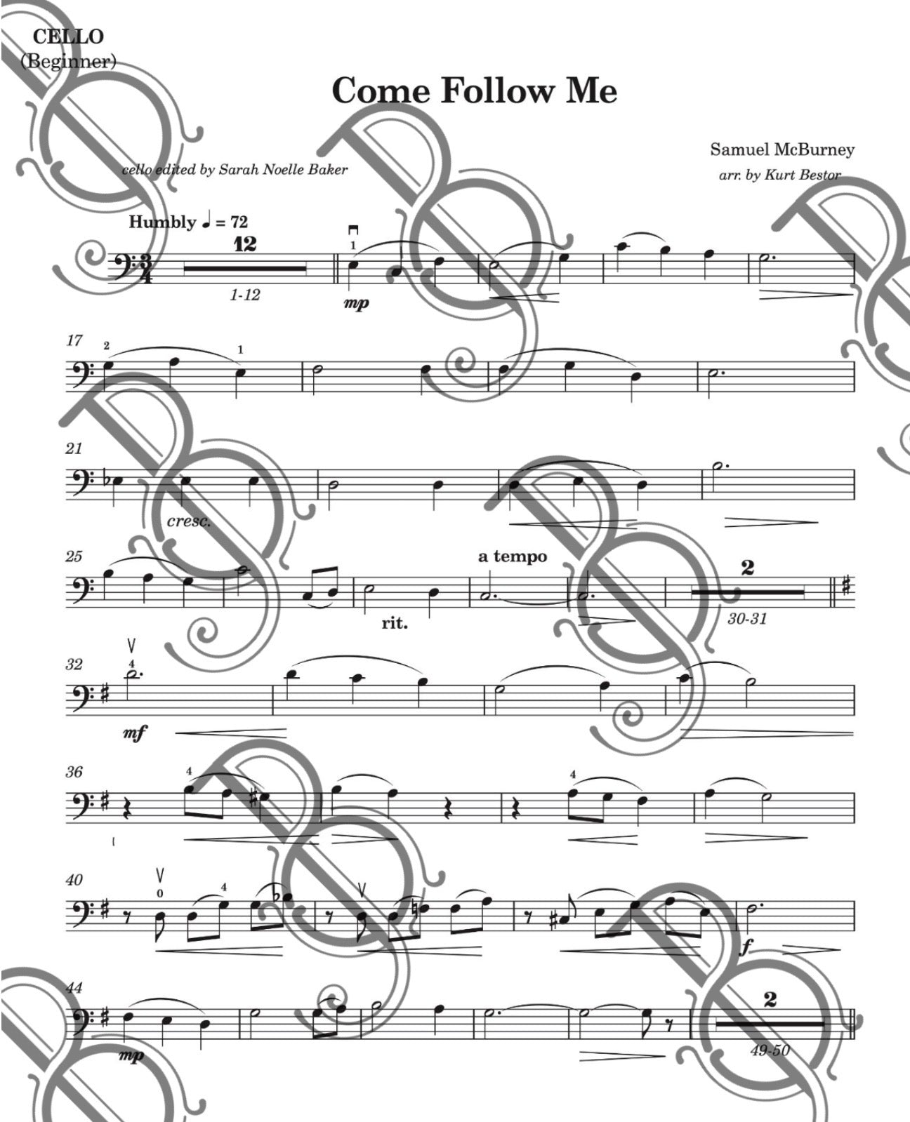 Come Follow Me Cello Sheet Music (Beginner)