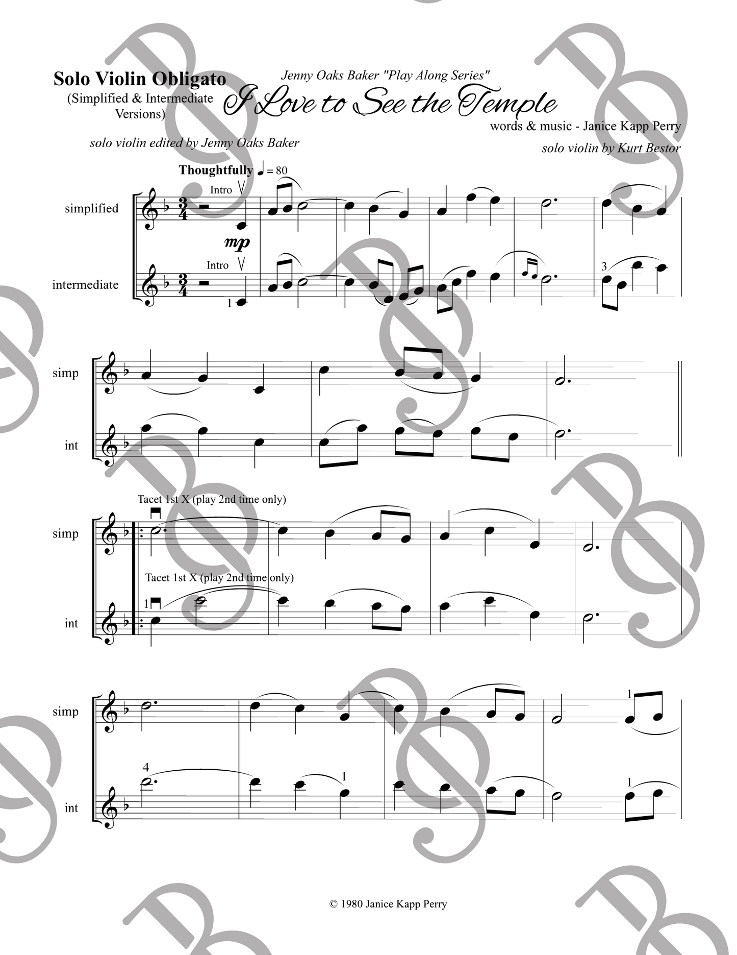 I Love to See the Temple Obligatos Violin Sheet Music (Simplified & Intermediate)