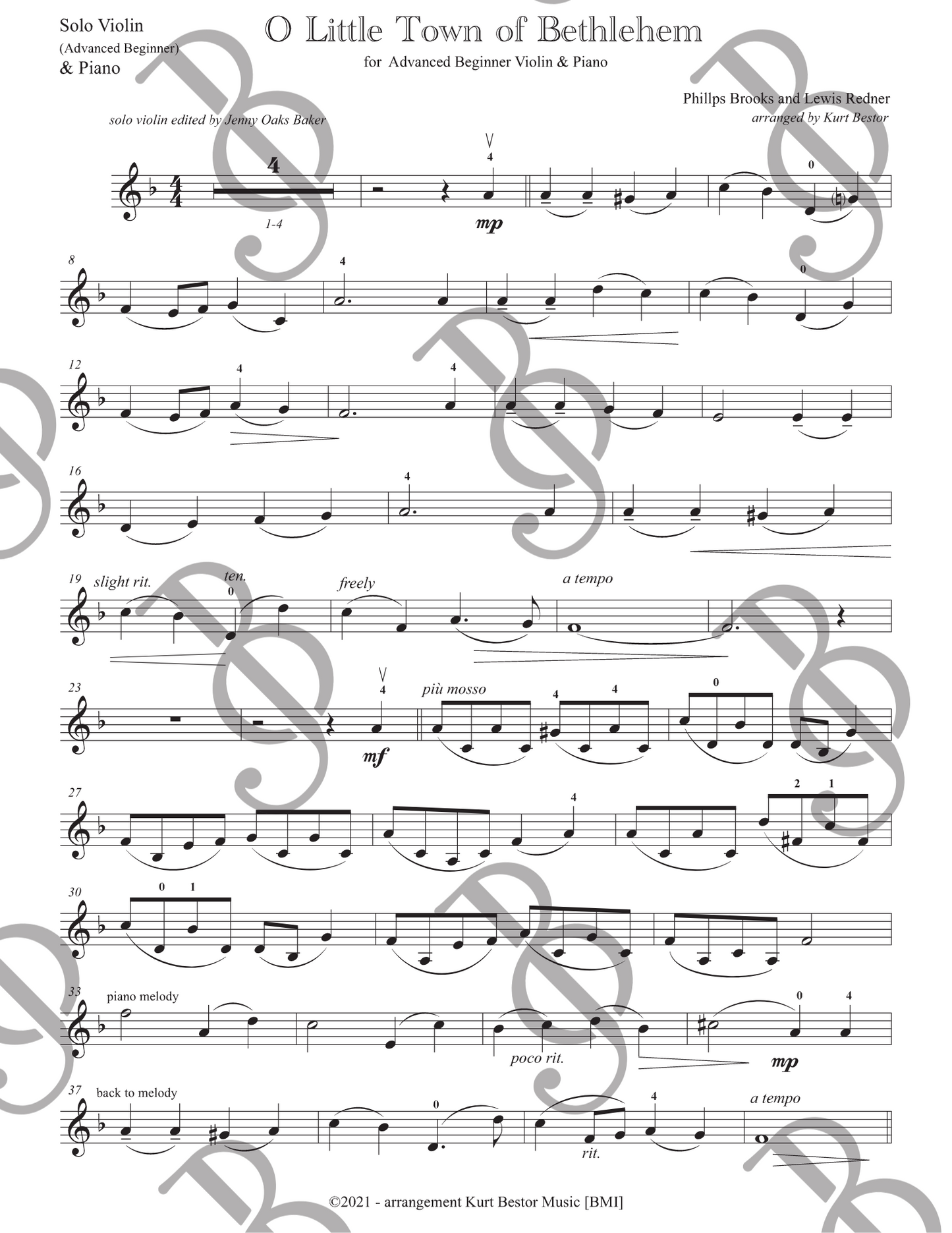 O Little Town of Bethlehem Violin Sheet Music (Advanced Beginner)