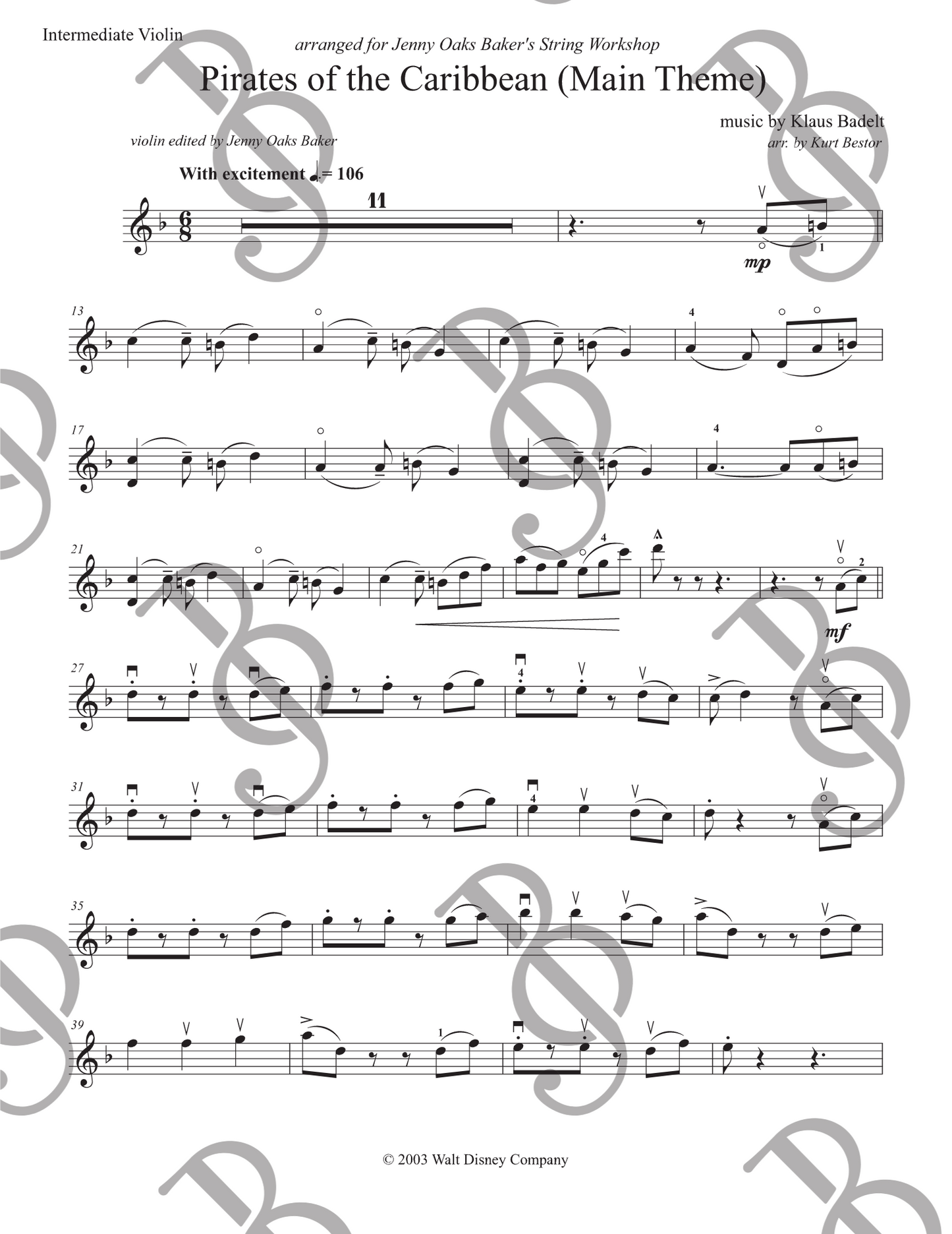 Pirates of the Caribbean (Main Theme) Violin Sheet Music (Intermediate)