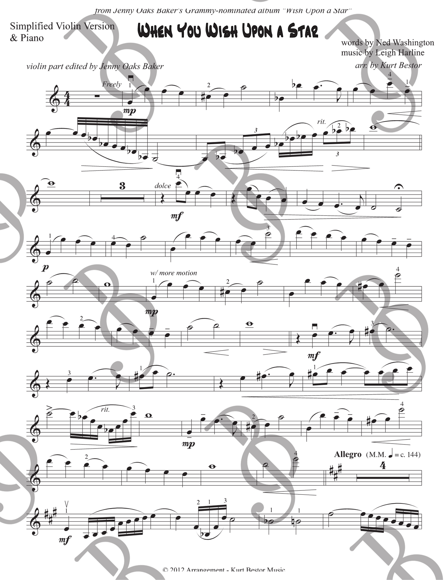 When You Wish Upon a Star Violin Sheet Music (Simplified)