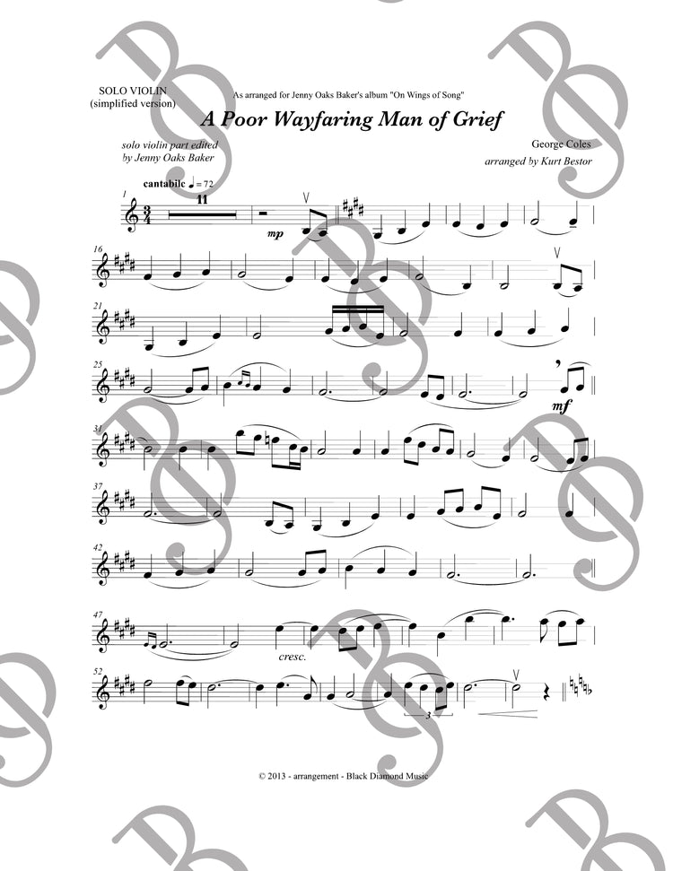 A Poor Wayfaring Man of Grief Violin Sheet Music (Simplified Version)