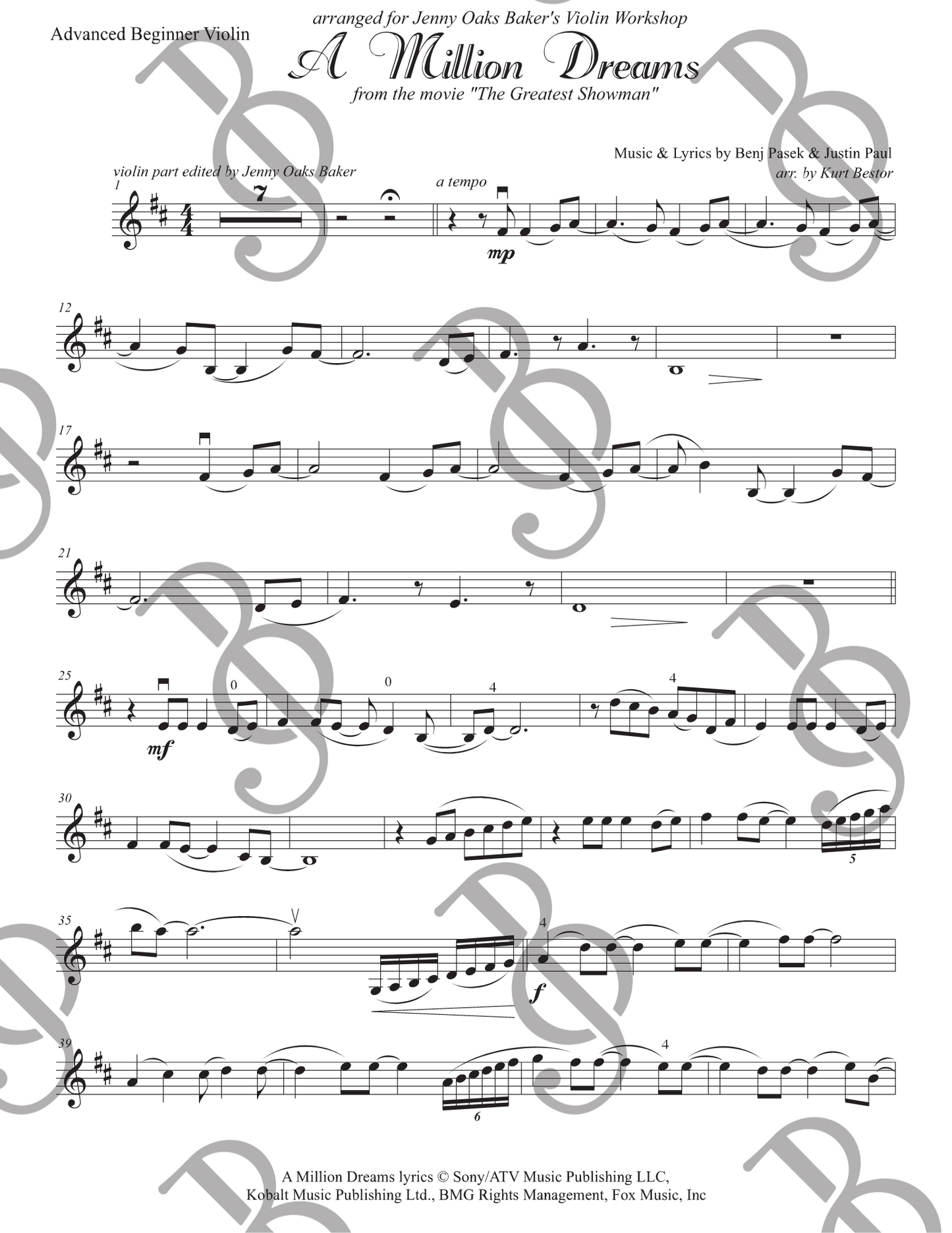 A Million Dreams Violin Sheet Music (Advanced Beginner)
