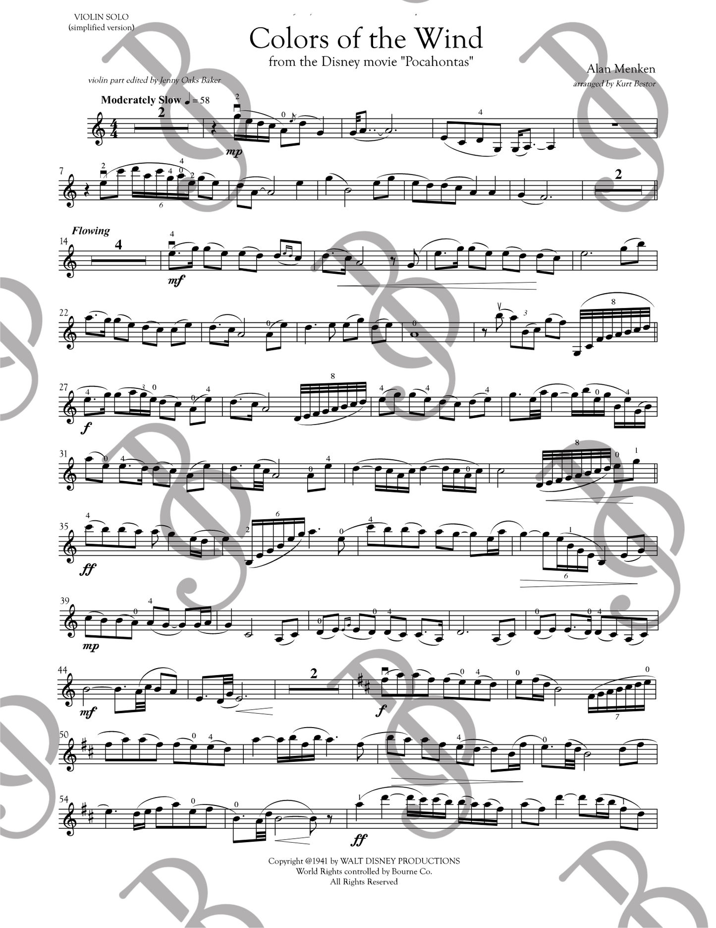 Colors of the Wind Violin Sheet Music (Simplified)