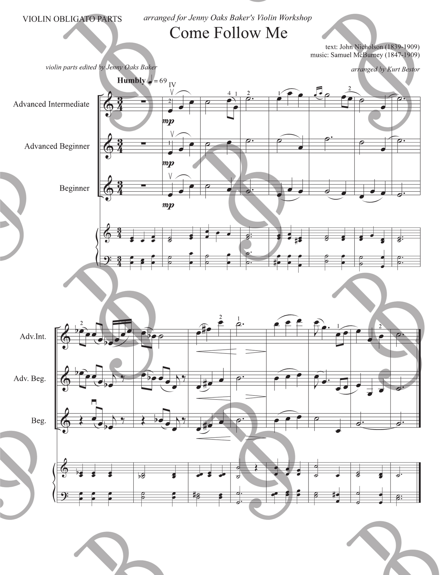 Come Follow Me Obligatos Violin Sheet Music
