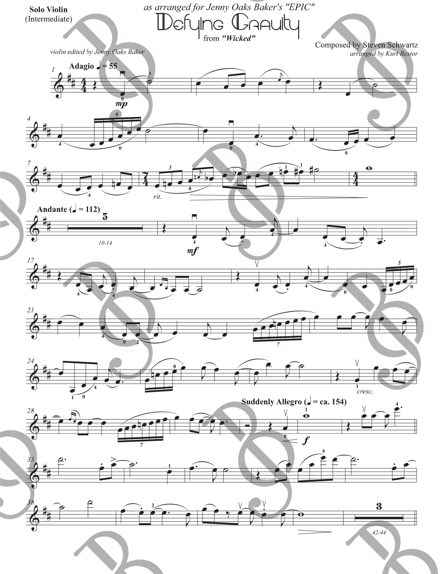 Defying Gravity from "Wicked" Violin Sheet Music (Intermediate)