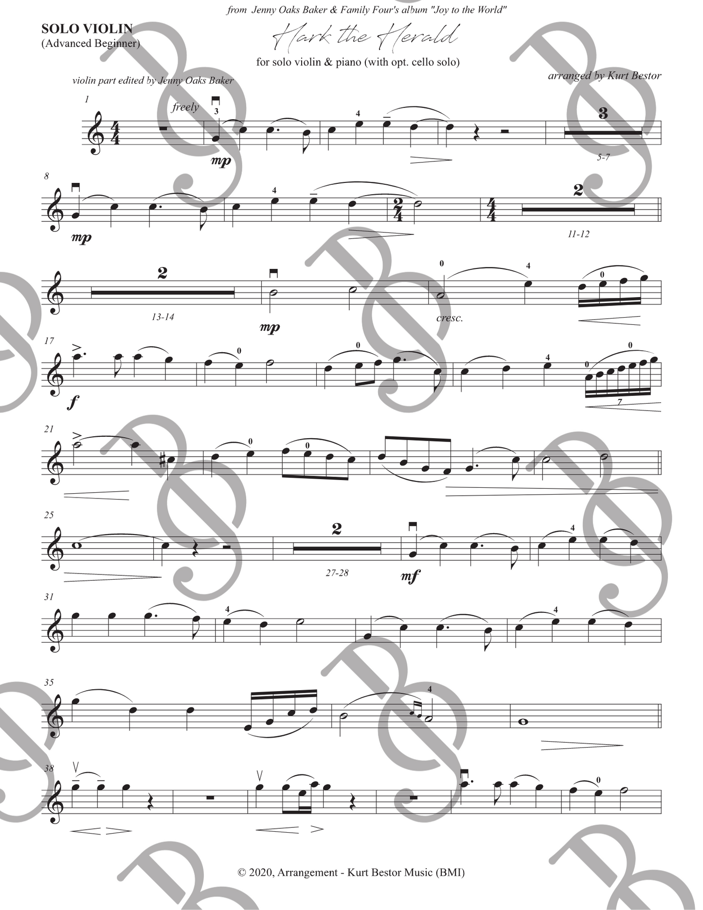 Hark the Herald Angels Sing Violin (with Optional Cello) Sheet Music (Advanced Beginner)