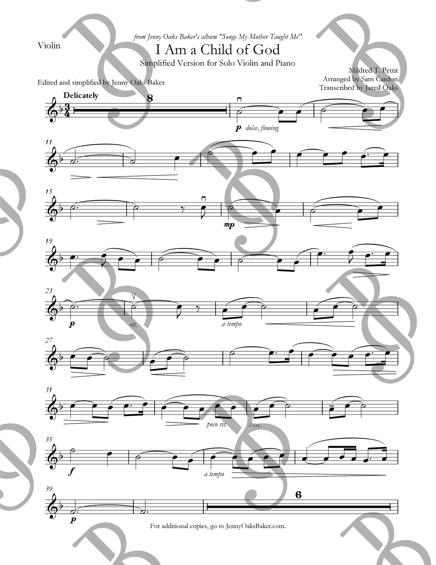 I Am a Child of God Violin Sheet Music (Simplified)