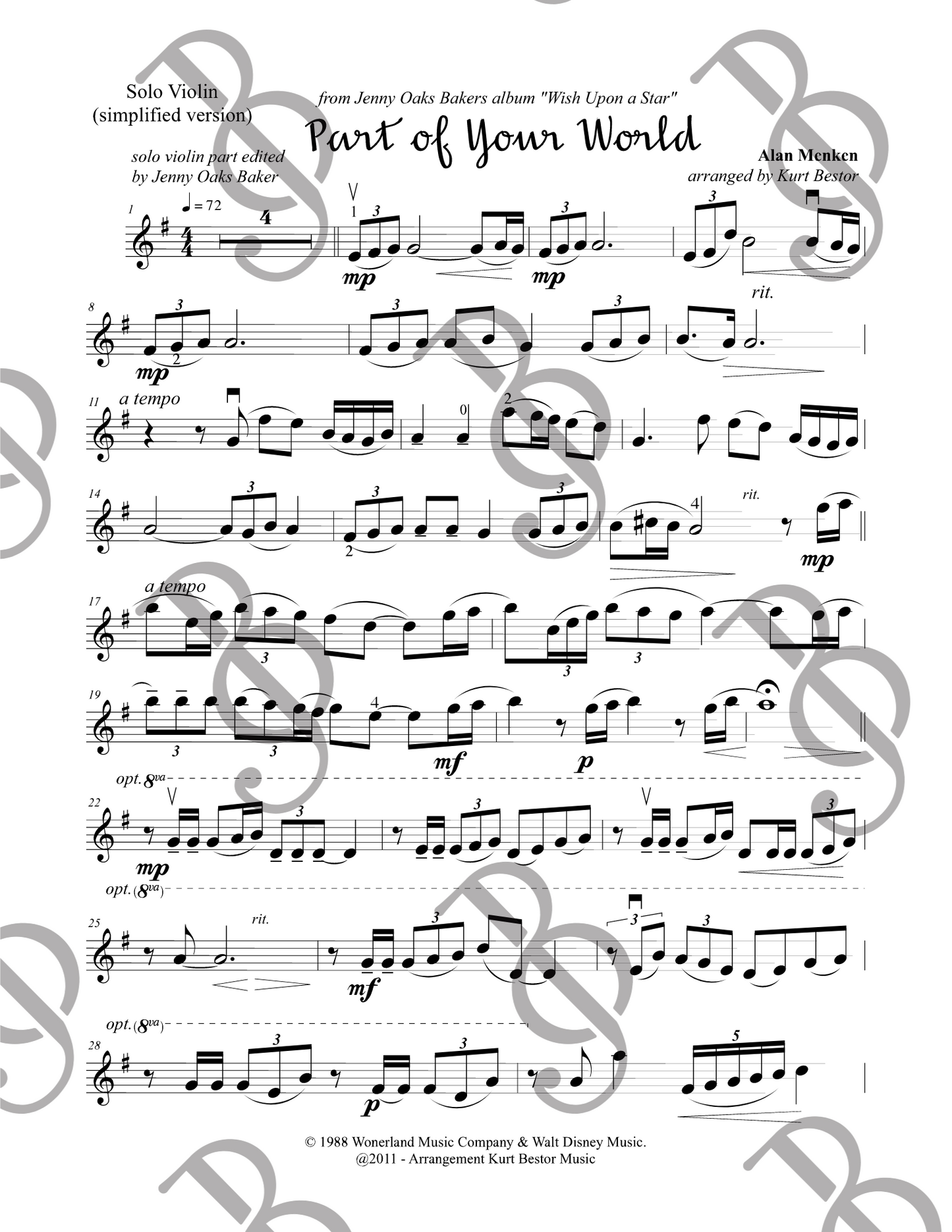 Part of Your World Violin Sheet Music (Simplified)