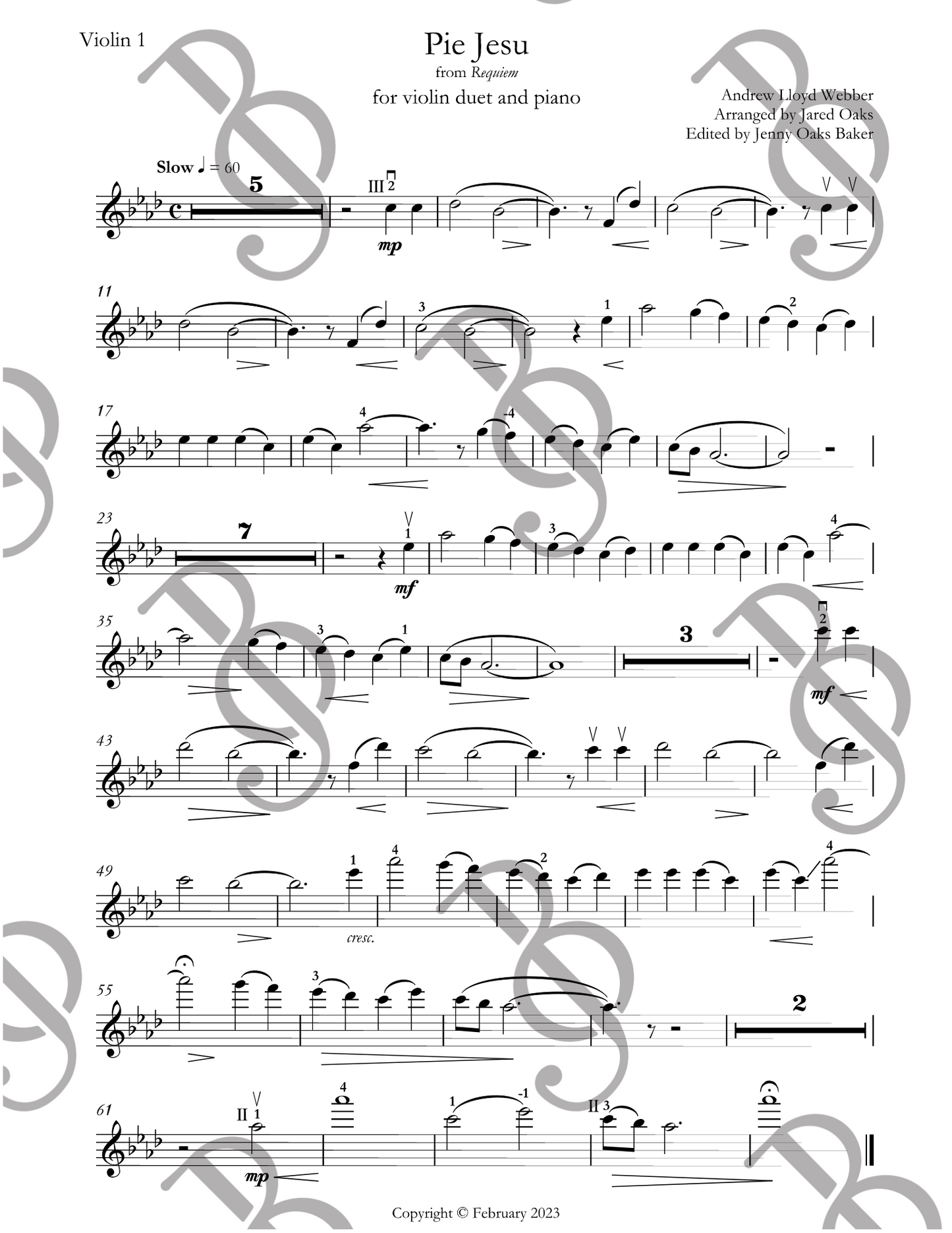 Pie Jesu Violin DUET Sheet Music (Advanced & Advanced Beginner)