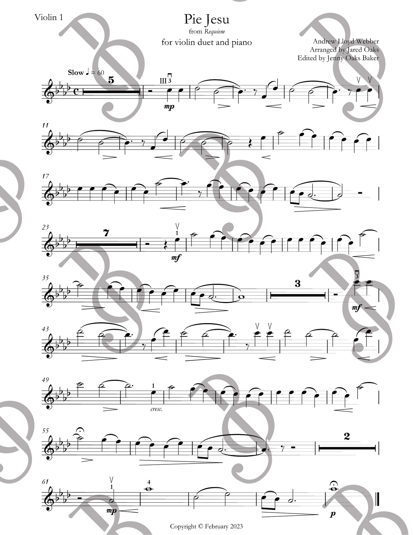 Pie Jesu Violin DUET Sheet Music (Intermediate & Advanced Beginner)
