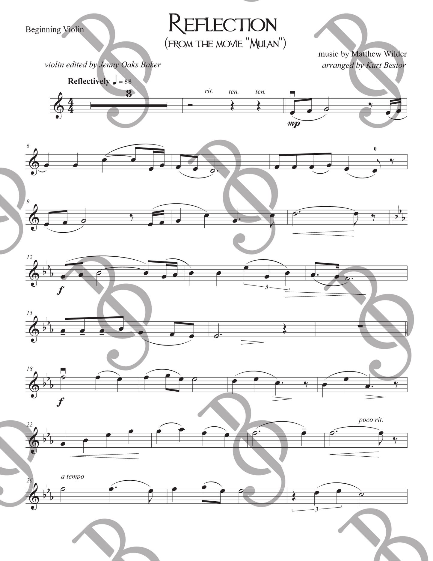 Reflection from "Mulan" Violin Sheet Music (Beginner)