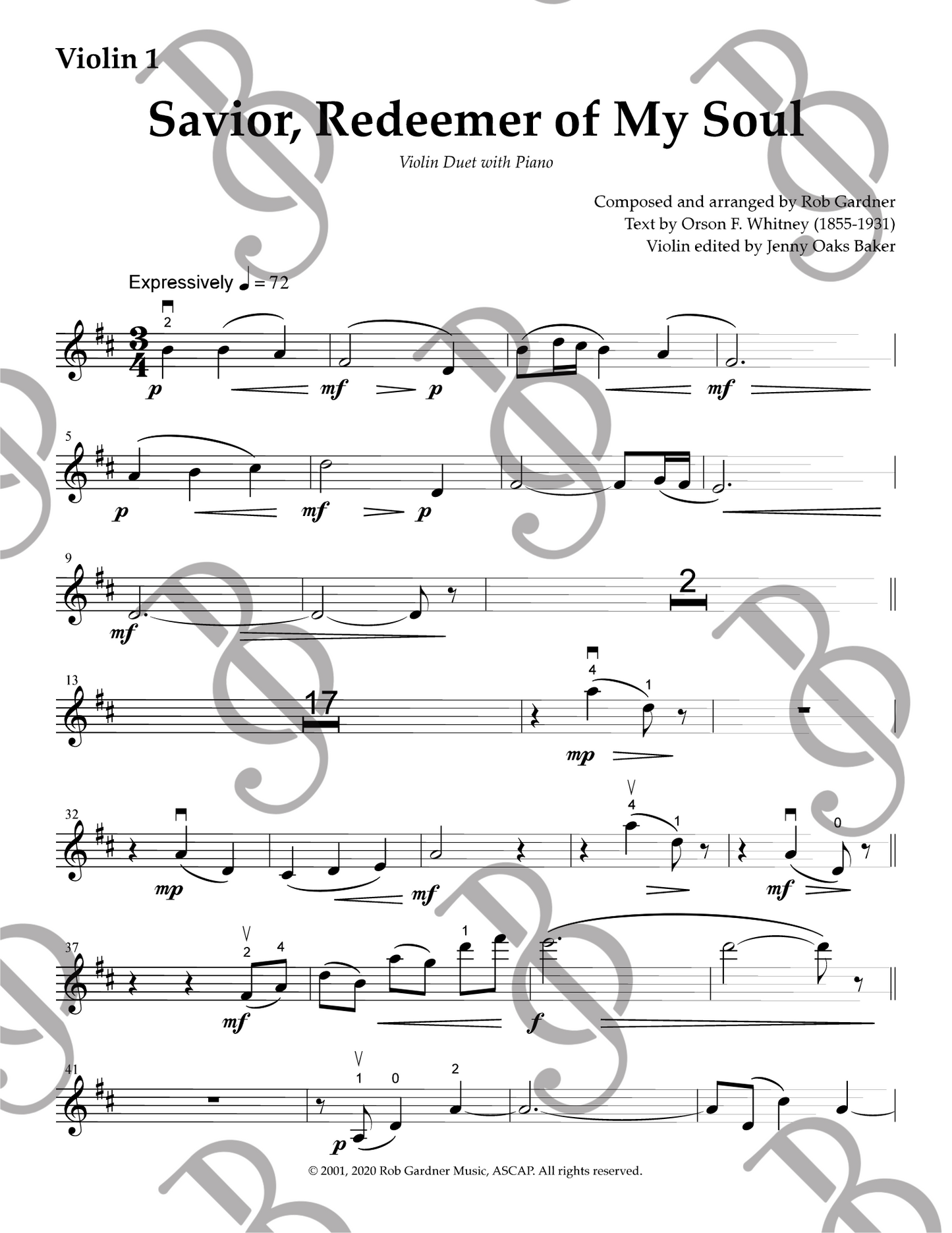 Savior Redeemer of My Soul Violin DUET Sheet Music (Advanced & Intermediate)
