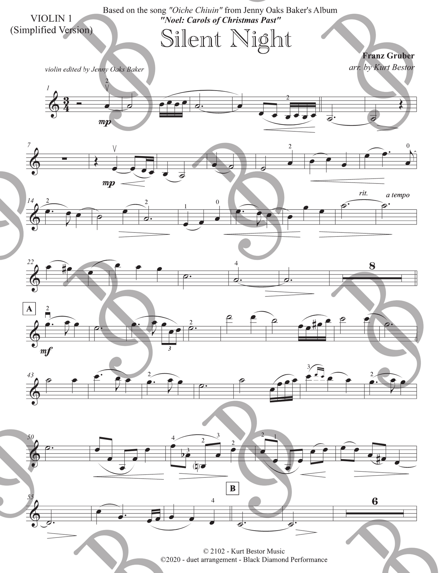 Silent Night Violin DUET 2 Violins OR Violin & Voice Sheet Music (Simplified & Beginner)