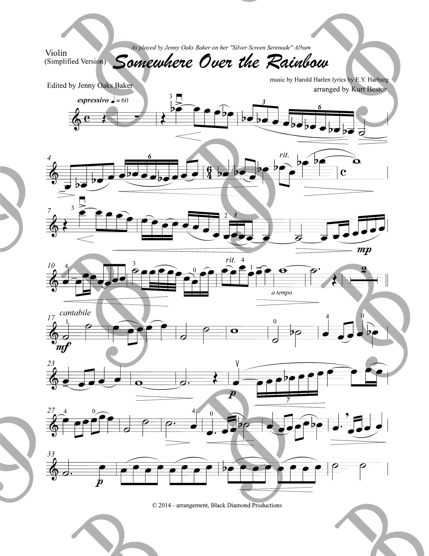 Somewhere Over the Rainbow Violin Sheet Music (Simplified)