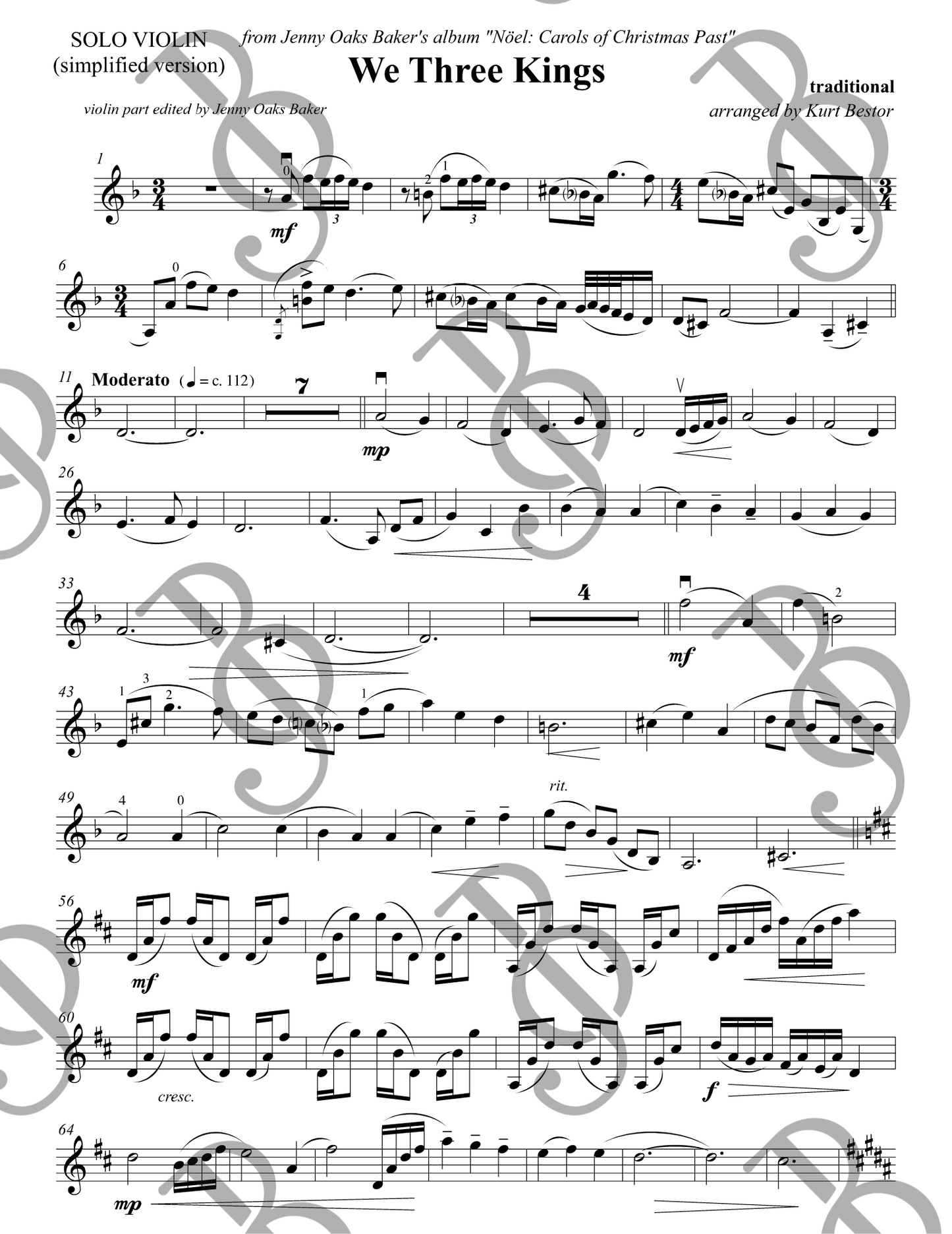 We Three Kings Violin Sheet Music (Simplified)