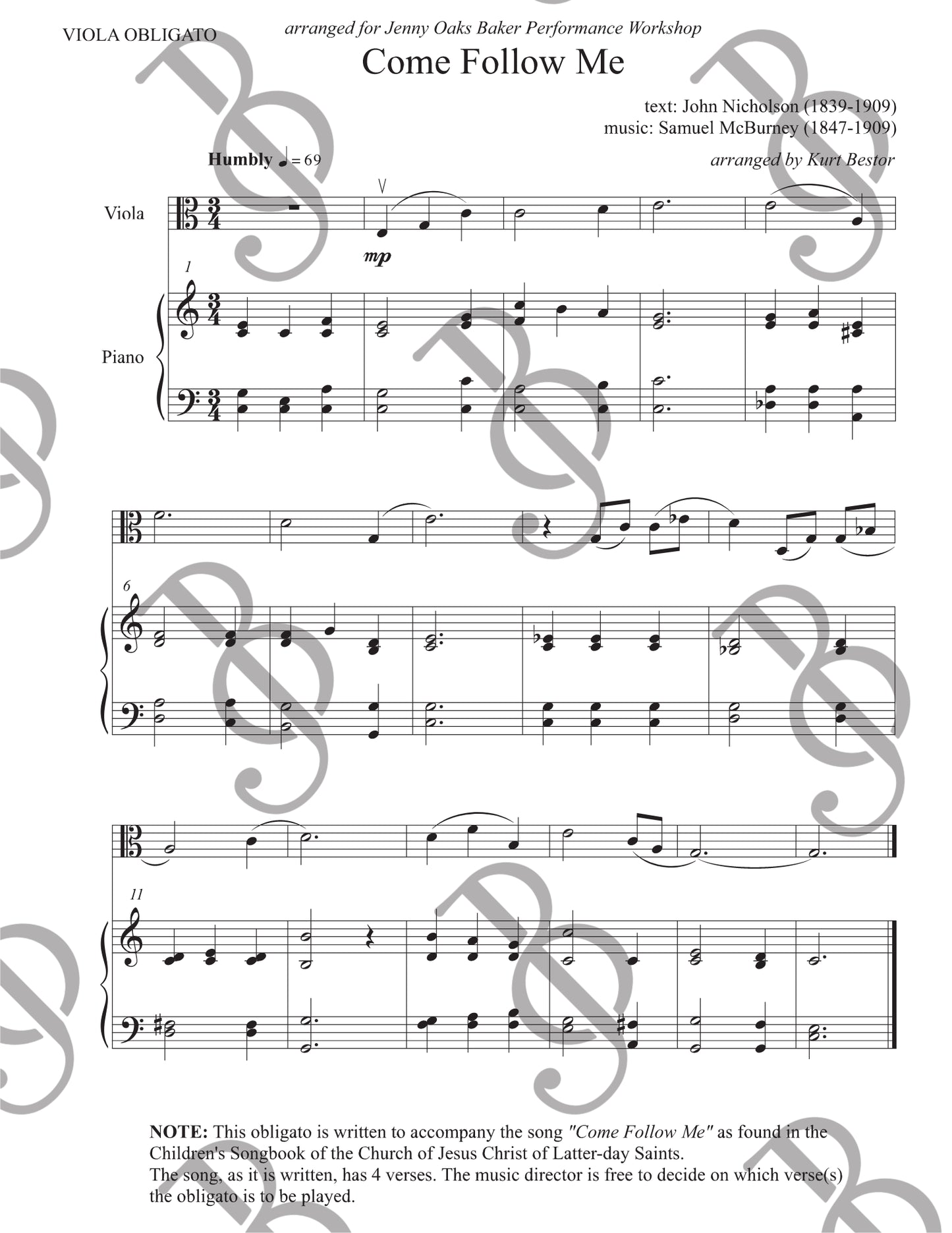 "Come Follow Me" Obligato Viola Sheet Music